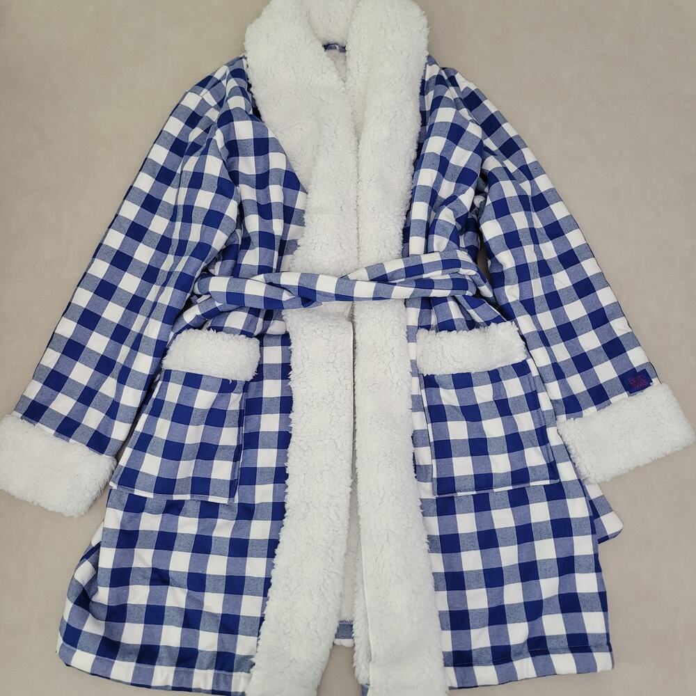 Bath & Body Works Robe White Sherpa Lined And Trim Robe Gingham Blue Large